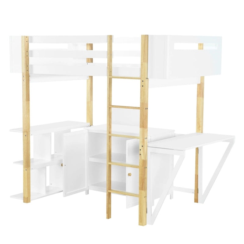 Lit mezzanine en bois avec placard de rangement intégré, casiers et bureau pliant