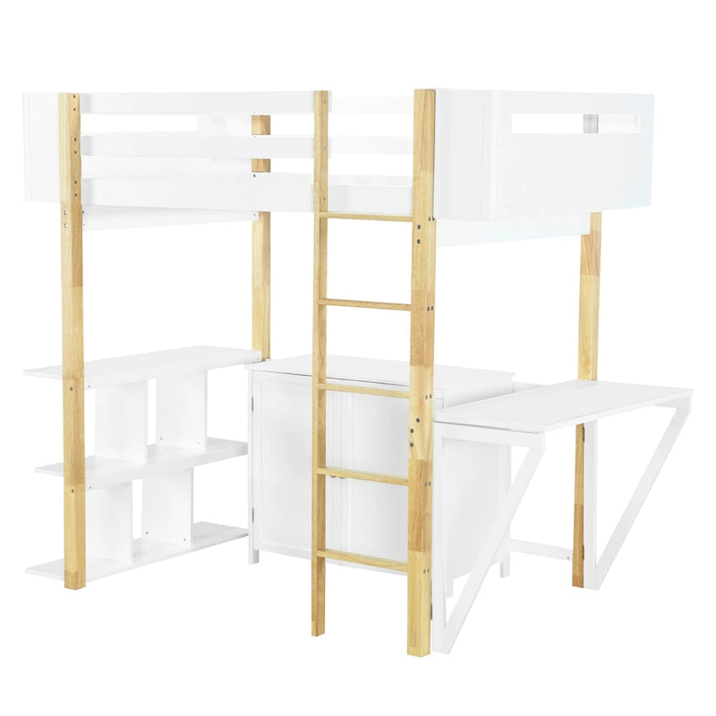 Lit mezzanine en bois avec placard de rangement intégré, casiers et bureau pliant