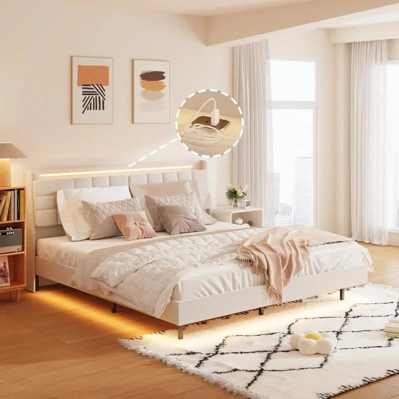 King Size Upholstered Floating Platform Bed with LED Light and Charging Station