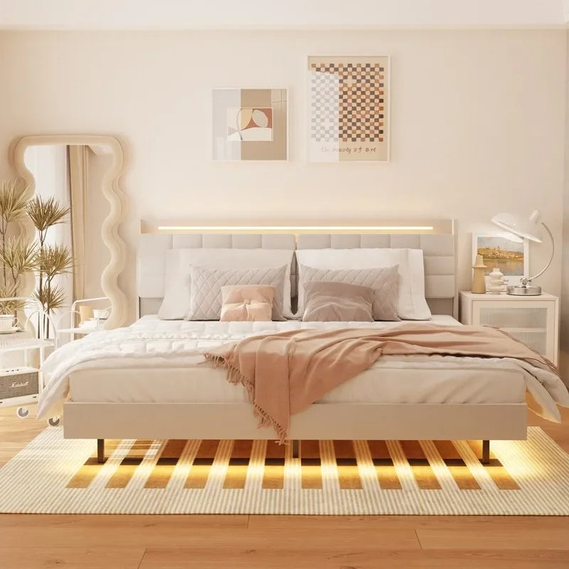 Lit plate-forme flottant tapissé King Size avec lumières LED et station de recharge