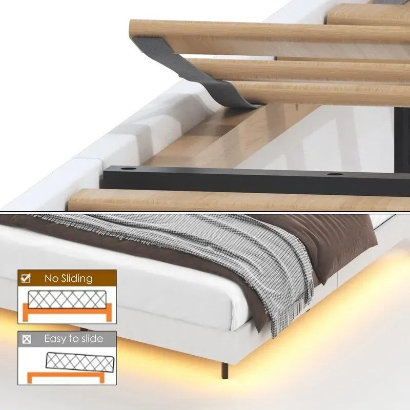 Lit plate-forme flottant tapissé King Size avec lumières LED et station de recharge