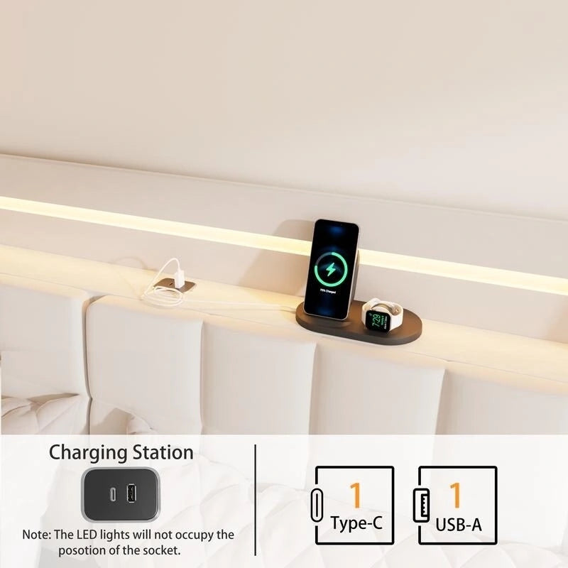 Lit plate-forme flottant tapissé King Size avec lumières LED et station de recharge