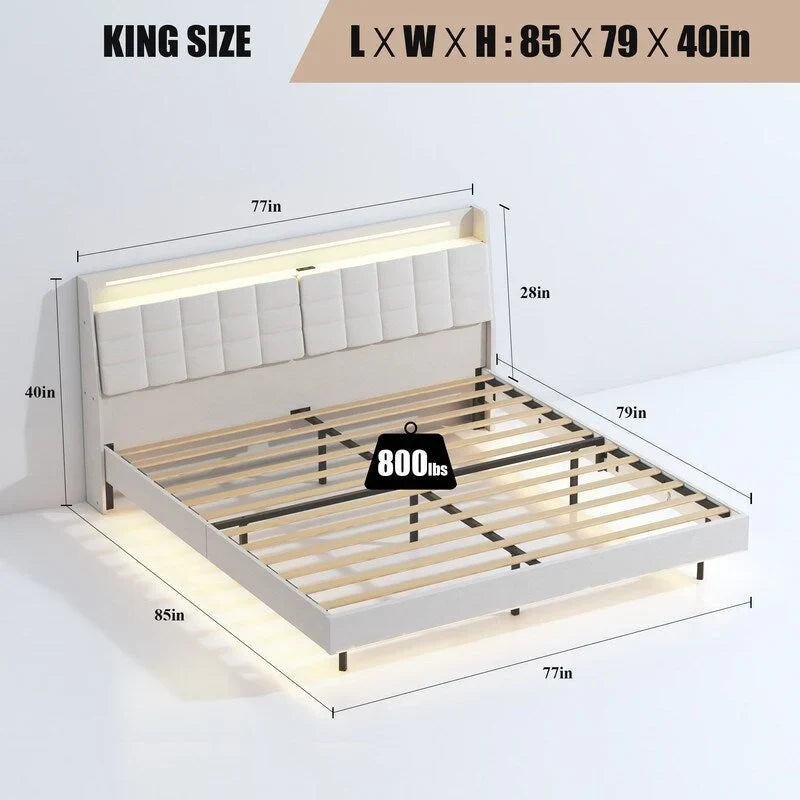 Lit plate-forme flottant tapissé King Size avec lumières LED et station de recharge