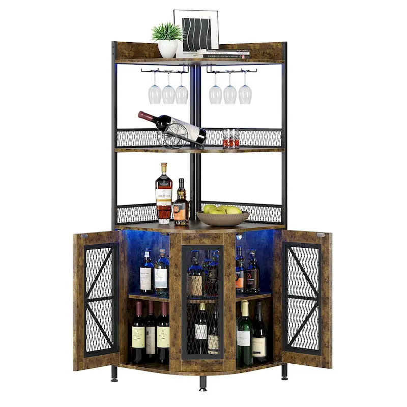 Meuble d'angle à vin à 5 niveaux avec lumière LED et porte-verres
