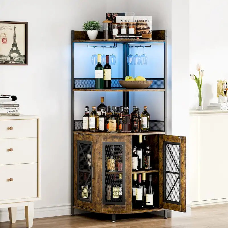 Meuble d'angle à vin à 5 niveaux avec lumière LED et porte-verres
