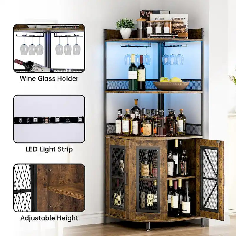 Meuble d'angle à vin à 5 niveaux avec lumière LED et porte-verres