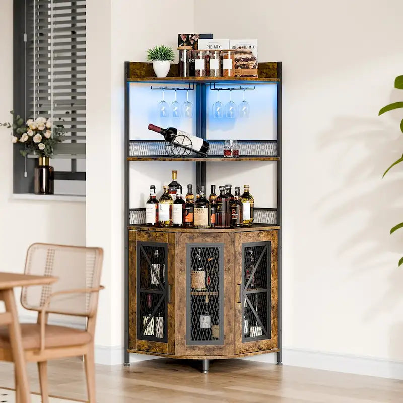 Meuble d'angle à vin à 5 niveaux avec lumière LED et porte-verres